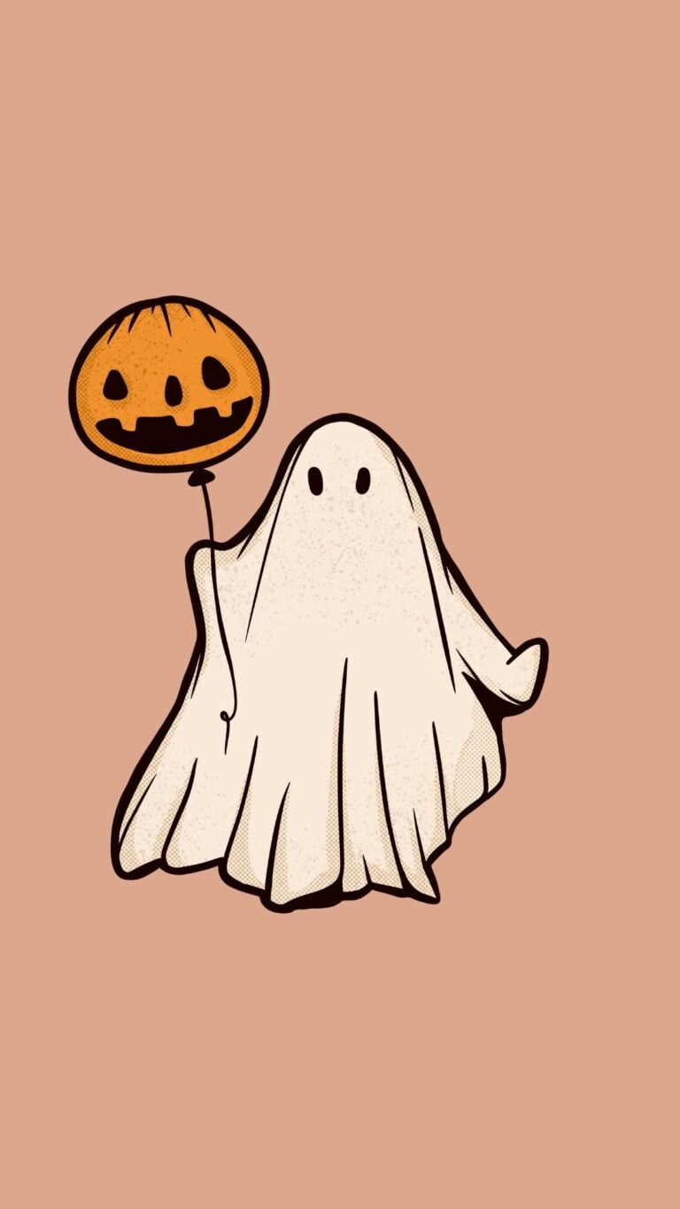 cute halloween ghost holding pumpkin balloon