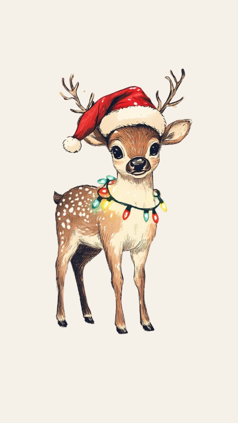 christmas deer wearing a santa hat and Christmas lights around deer with a plain background