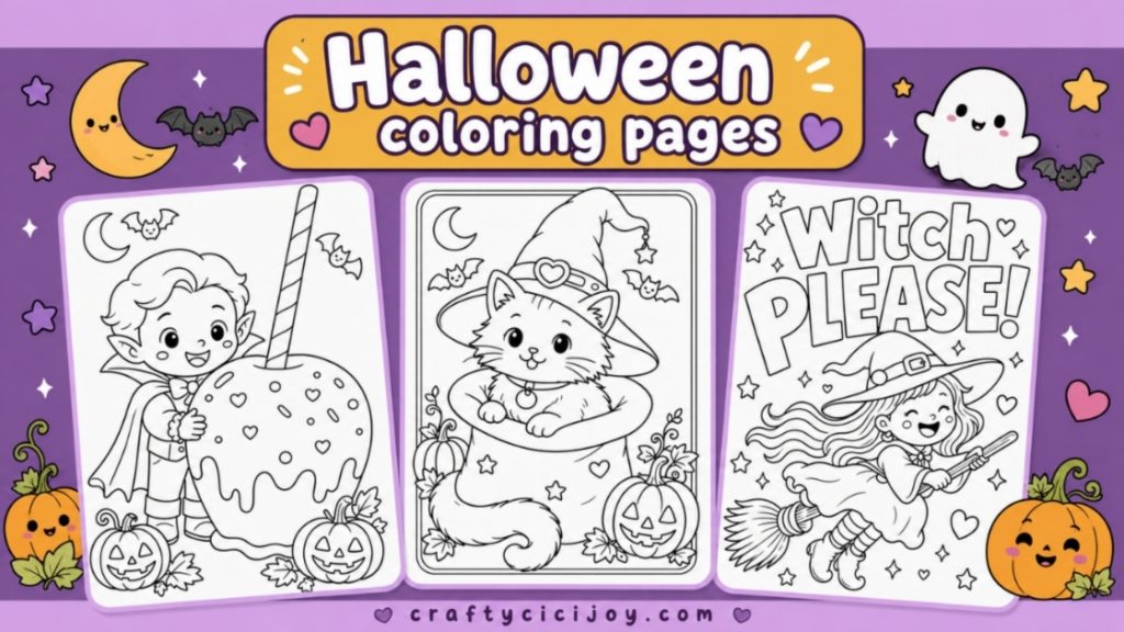 Free Halloween coloring pages featuring cute witches, ghosts and pumpkins