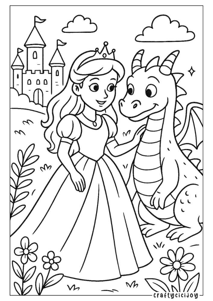 cute princess and dragon coloring page for kids