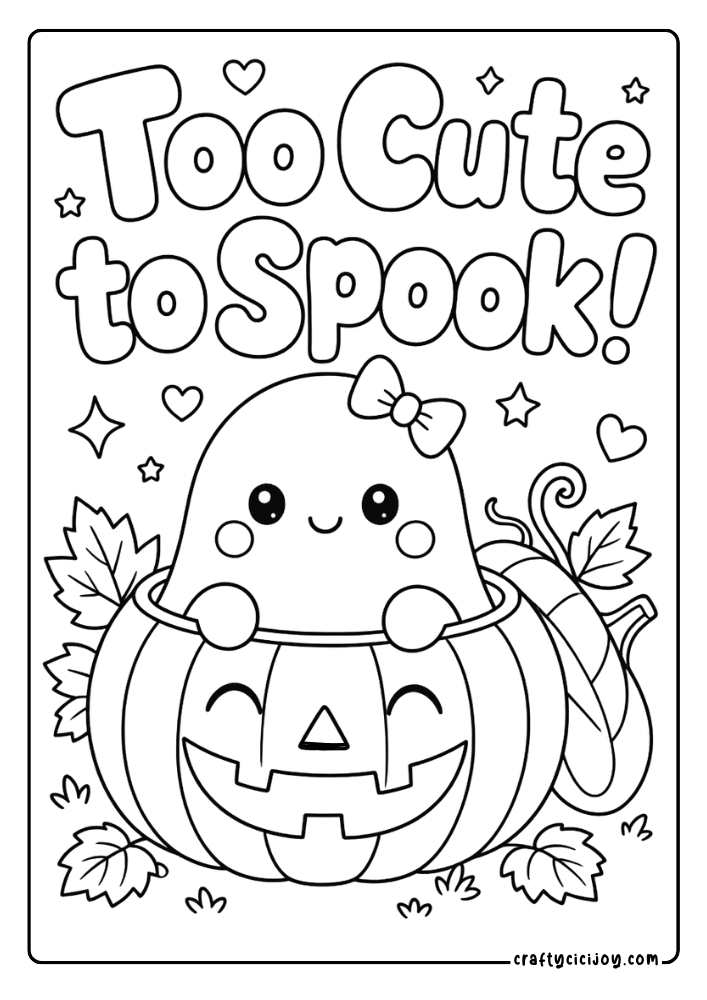 Cute ghost popping out of a pumpkin with a Too Cute to Spook quote coloring page