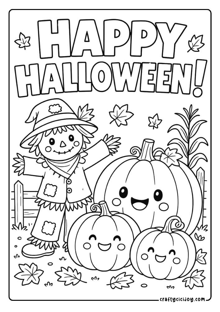Cute happy scarecrow surrounded by smiling pumpkins with a Happy Halloween quote coloring sheet