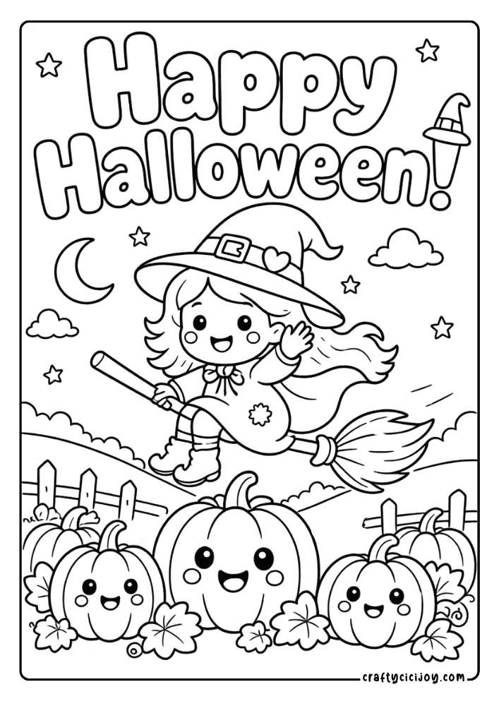 Cute witch flying over pumpkins with a Happy Halloween quote page to color in for kids