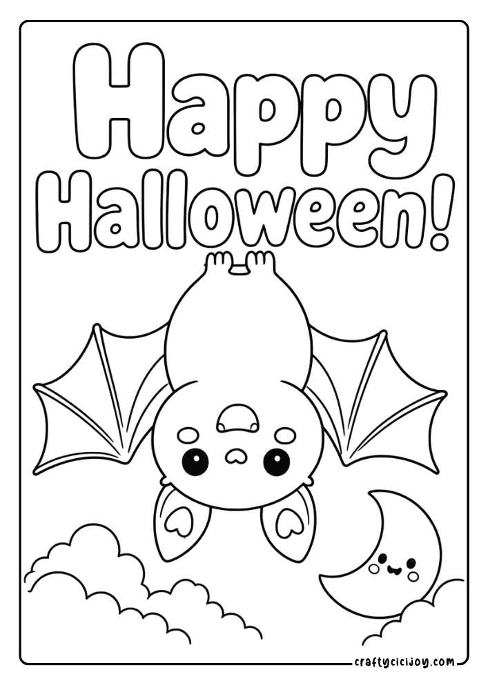 Cute smiling bat with a Happy Halloween quote coloring page