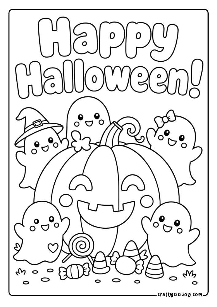 Cute Halloween Quote Coloring Page: Cute ghost sitting around a giant pumpkin with a Halloween quote coloring page