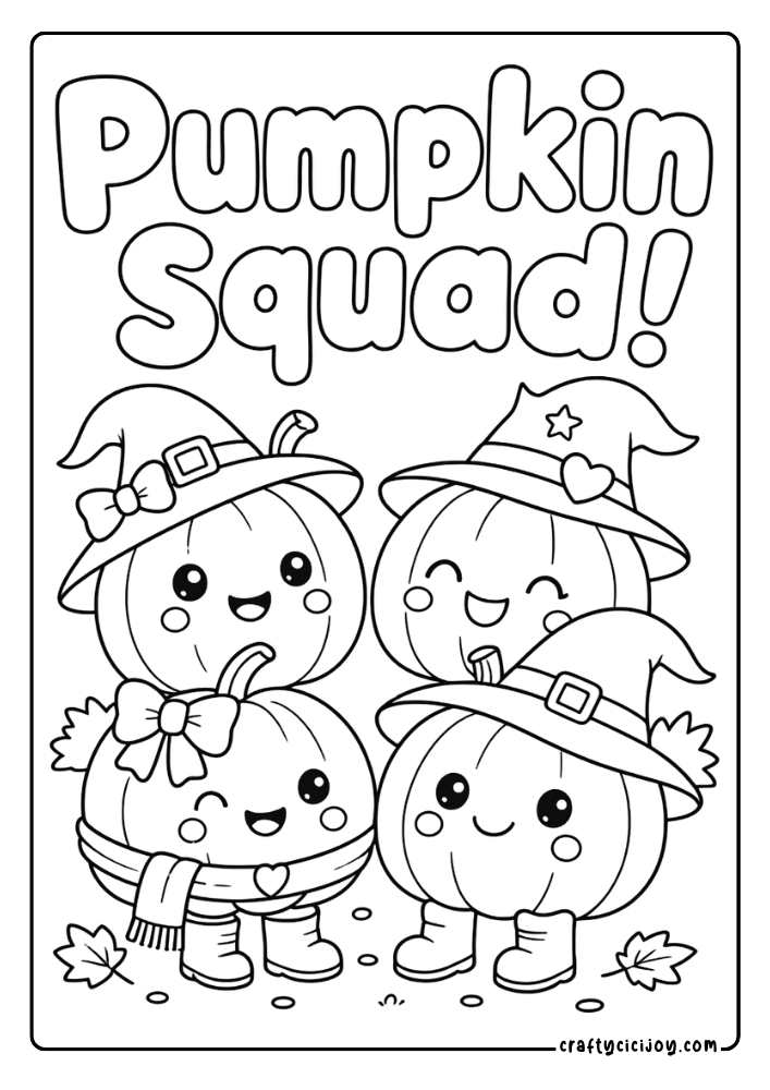 Four cute pumpkins with a Pumpkin Squad quote coloring page
