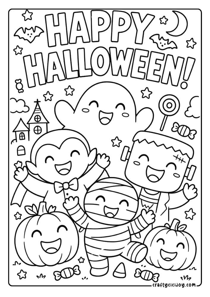 Happy Halloween Quote Coloring Page for Kids: Cute Frankenstein, ghost, vampire, and mummy with a Happy Halloween quote coloring page