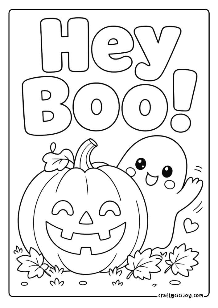 Cute Ghost Quote Coloring Page: Cute ghost peeking from behind a pumpkin with a Hey Boo Halloween quote coloring page