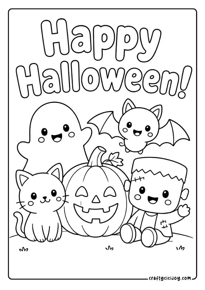 Cute ghost, bat, pumpkin, Frankenstein, and cat with a Happy Halloween quote coloring page