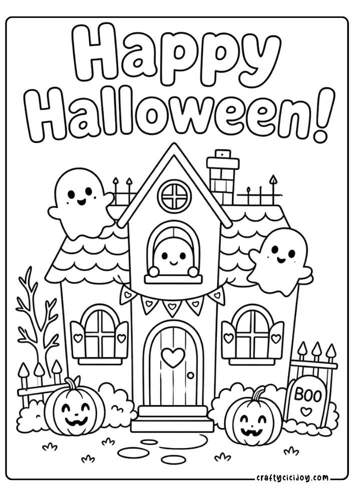 Cute Haunted House Coloring Page: Cute haunted house with friendly ghosts