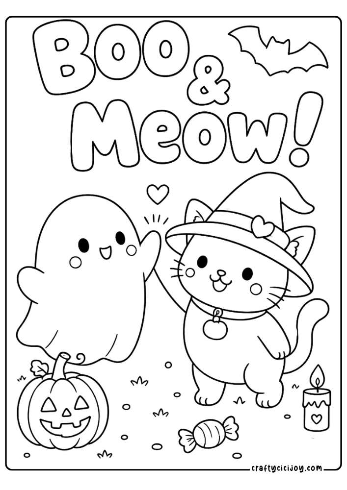 Halloween Cat Quote Coloring Page: Cute ghost and Halloween cat with a Boo and Meow quote coloring sheet
