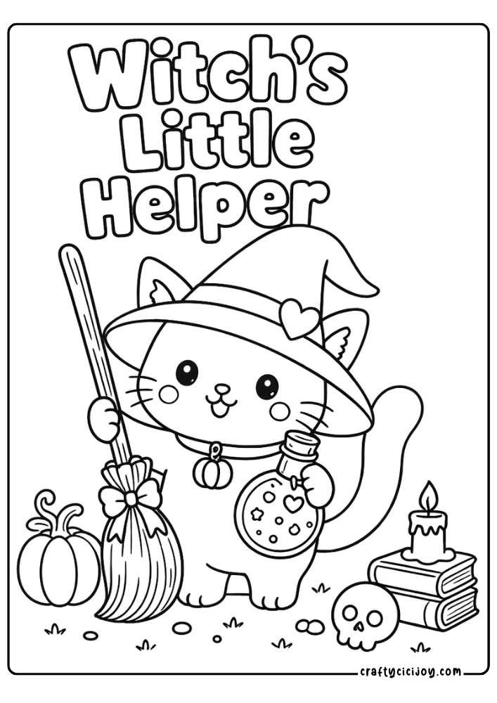 Cute Halloween cat stirring a bubbling cauldron coloring page