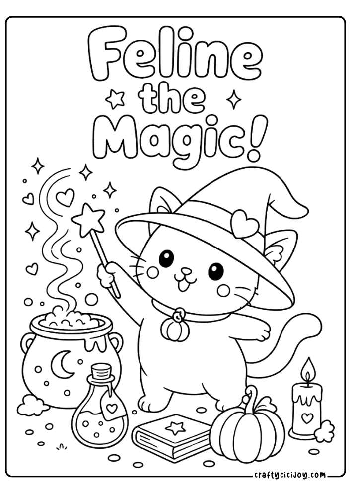 Halloween Kitten Coloring Page: Cute kitten waving a magic wand over a cauldron with a Feline the Magic quote coloring sheet