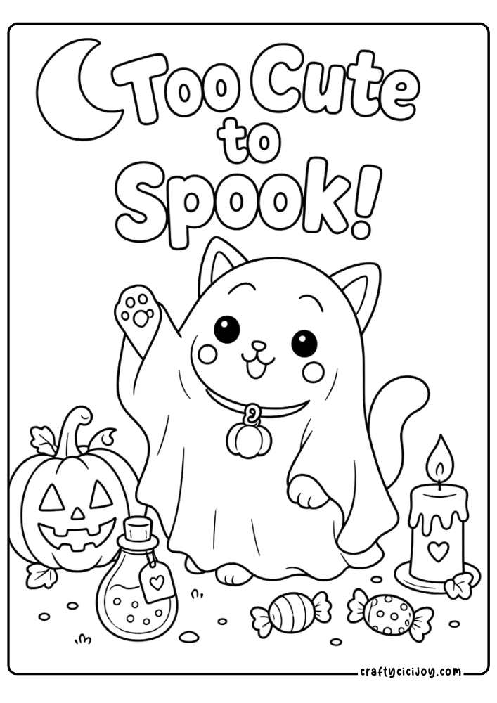 Cute Halloween Quote Coloring Sheet: Cute cat dressed as a ghost with a Too Cute to Spook Halloween quote coloring page