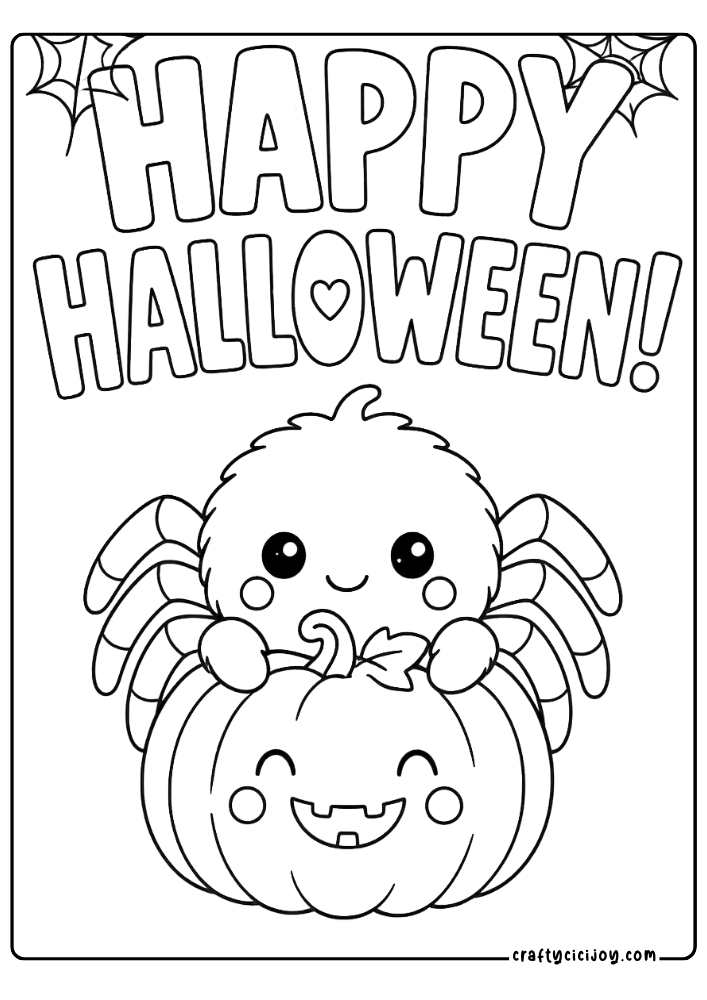 Cute Halloween Spider Coloring Page: Cute spider sitting on a large pumpkin with a Happy Halloween quote coloring page sheet