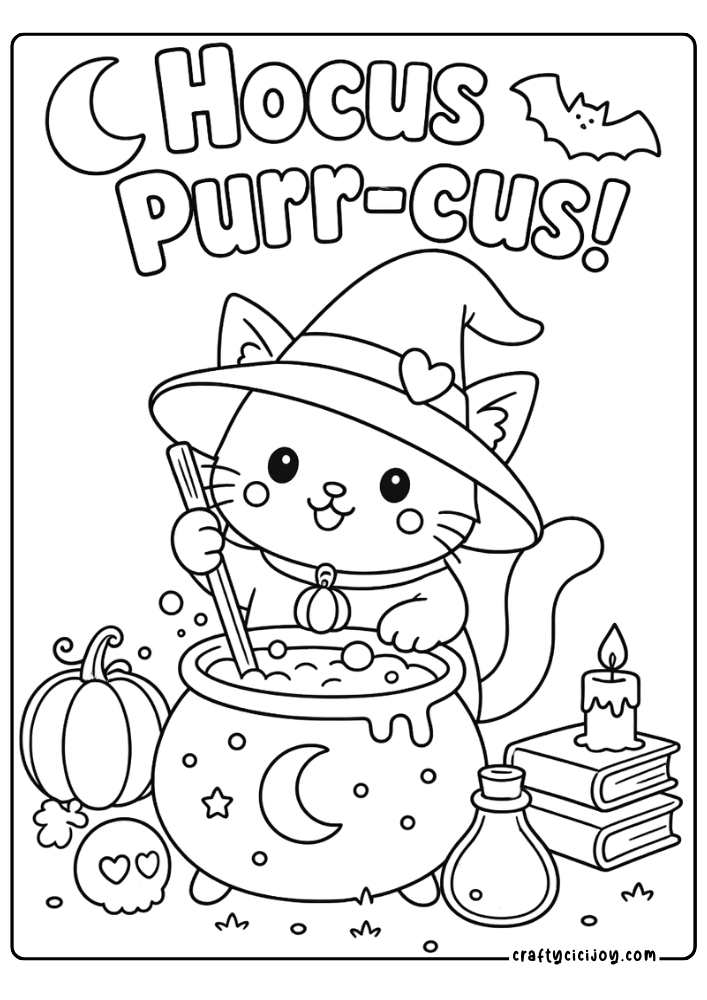 Cute Hocus Pocus Coloring Page: Cute Halloween cat stirring a cauldron with a Hocus Purr-cus quote