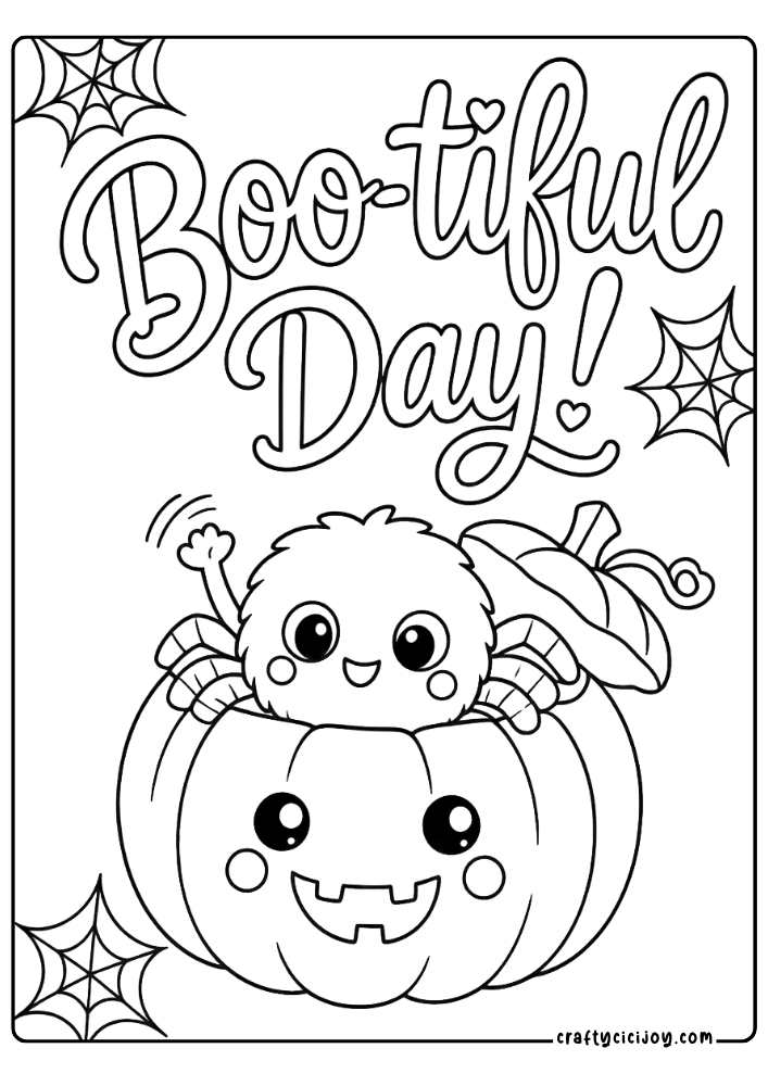 Cute Pumpkin & Spider Coloring Page: Cute spider popping out of a pumpkin with a Boo-tiful Day quote