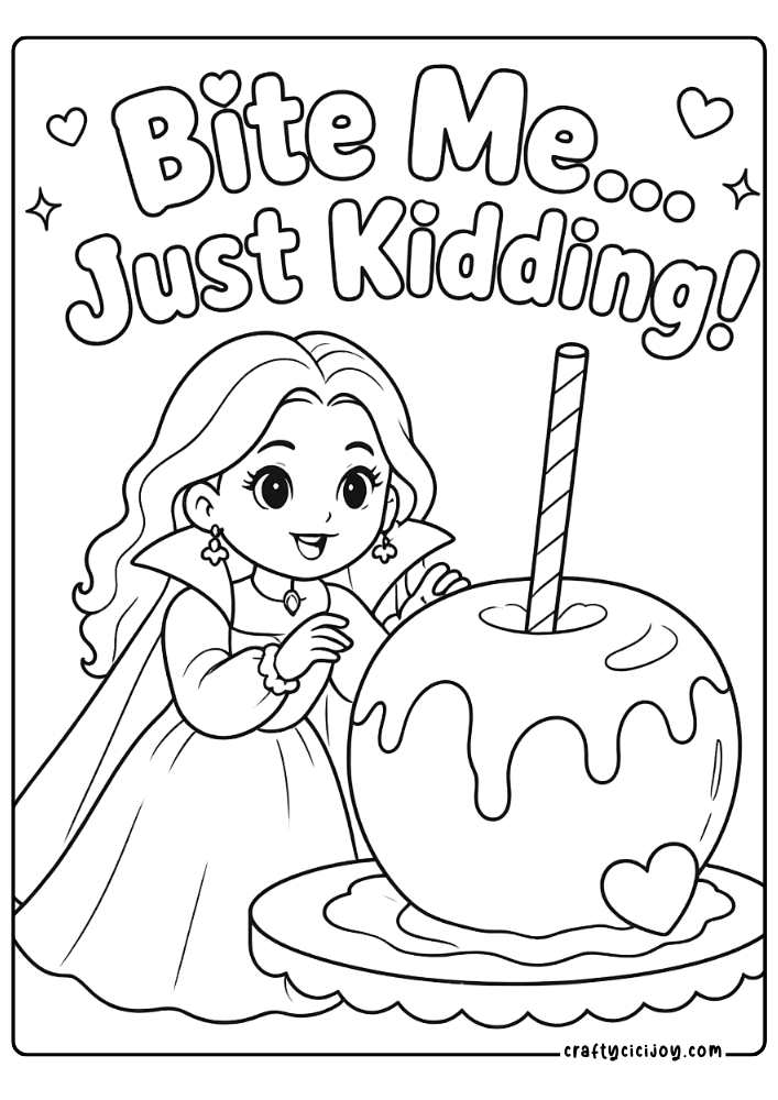 Cute Vampire Quote Coloring Page: Cute vampire about to bite a candy apple with a Bite Me... Just Kidding quote