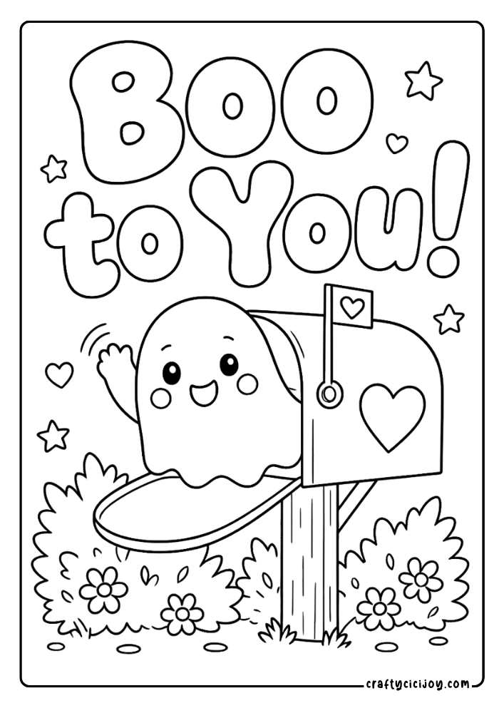 Cute ghost popping out of a mailbox with a Boo to You Halloween quote coloring page