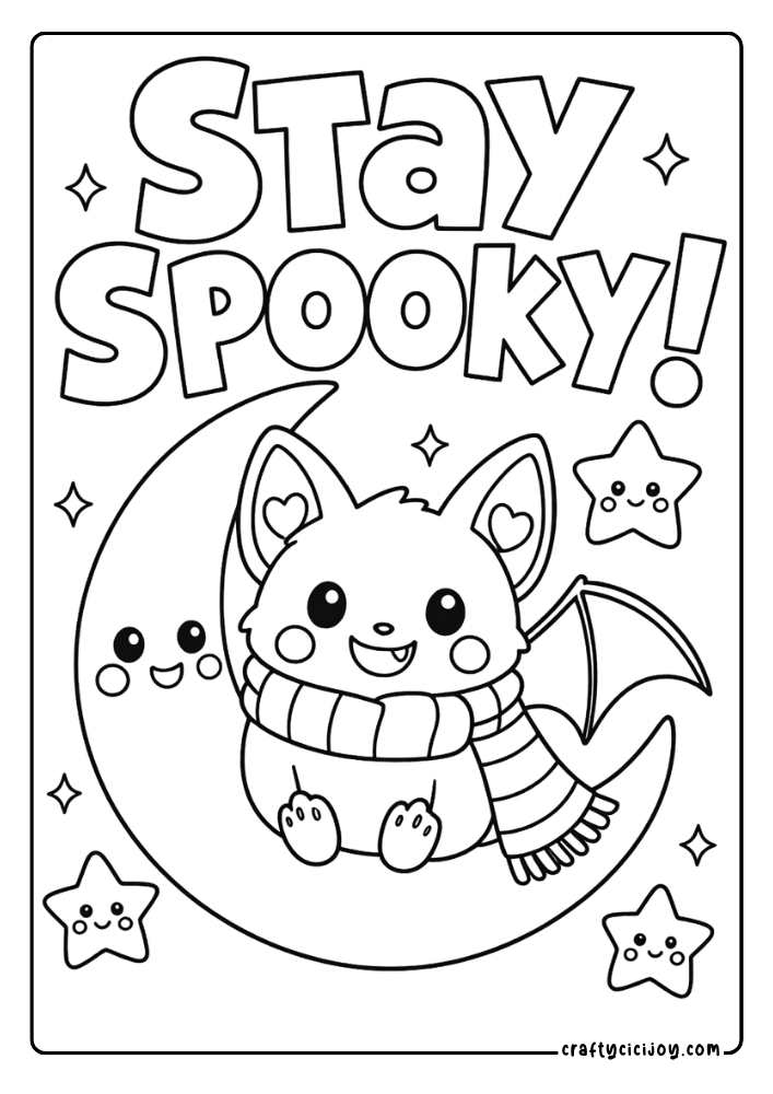 Stay Spooky Coloring Page: Cute bat sitting on a crescent moon