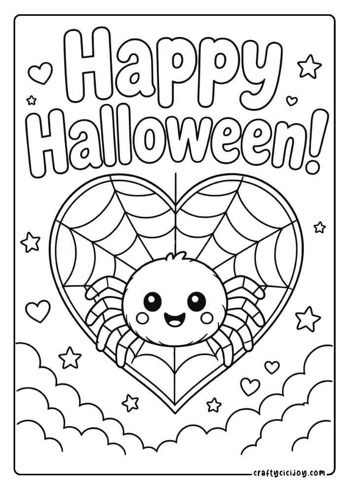 Cute smiling spider with a Happy Halloween quote coloring page