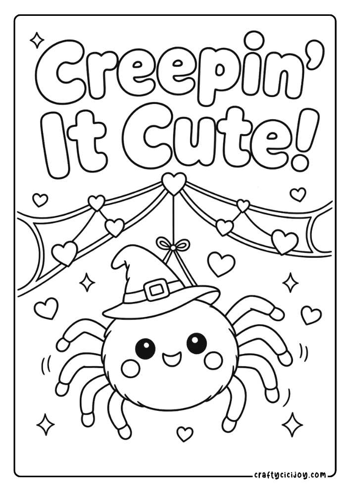 Cute spider tangled in its own web with a Creepin' It Cute Halloween quote coloring page