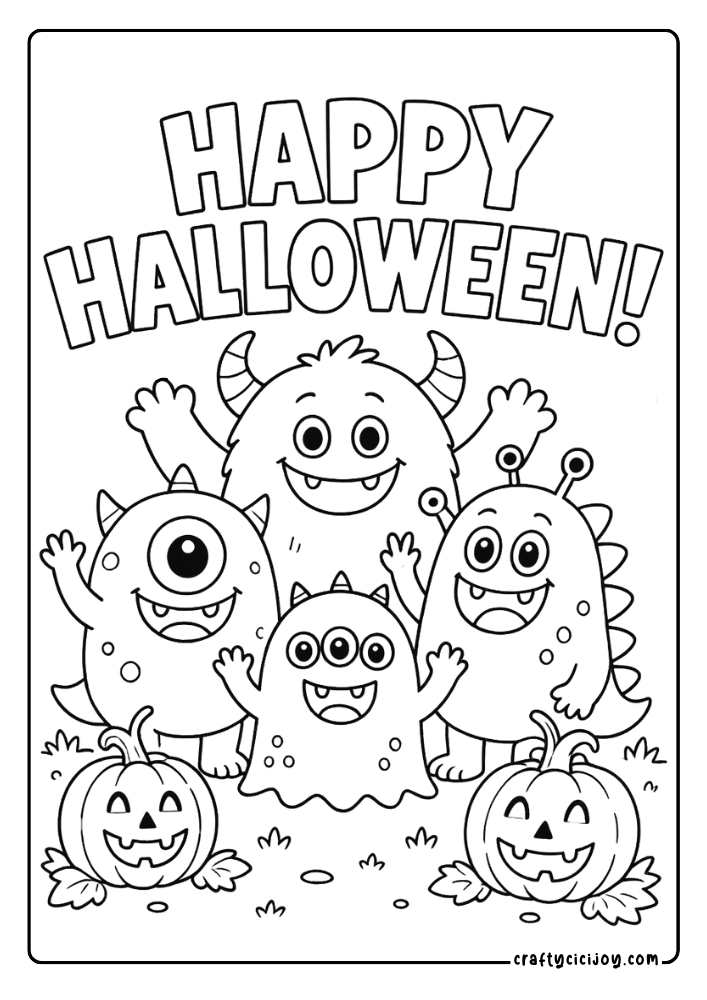 Monster Halloween Coloring Page: Cute Halloween monster gang with a Happy Halloween quote coloring sheet for kids