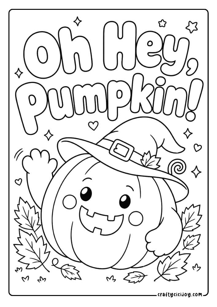 Cute smiling pumpkin waving with an Oh Hey, Pumpkin quote coloring page