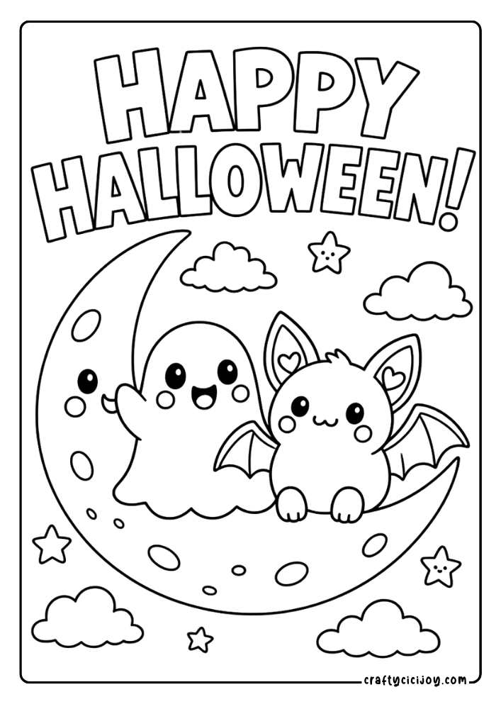 Cute ghost and bat sitting on a crescent moon with a Happy Halloween quote coloring page