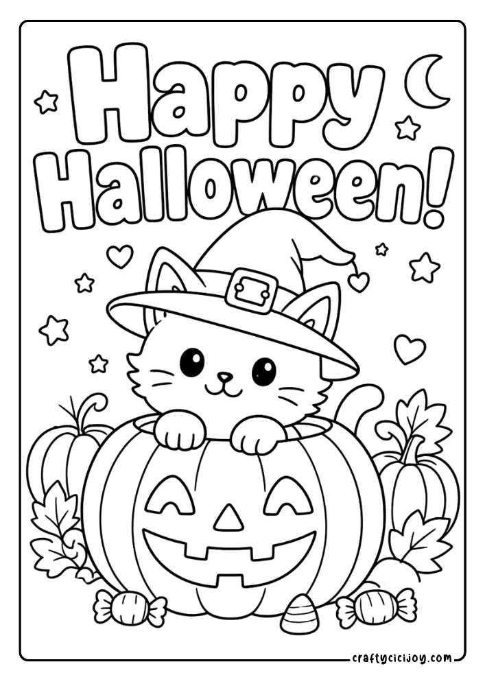 Cute Halloween cat popping out of a smiling pumpkin with a Happy Halloween quote coloring page