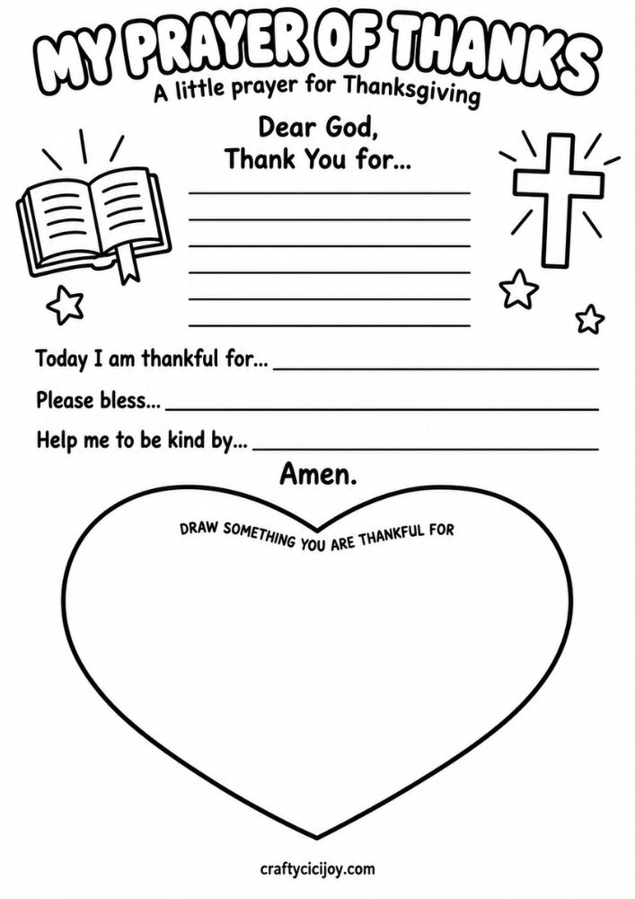 My Prayer of Thanks activity sheet with writing prompts and a large heart for a thankful drawing
