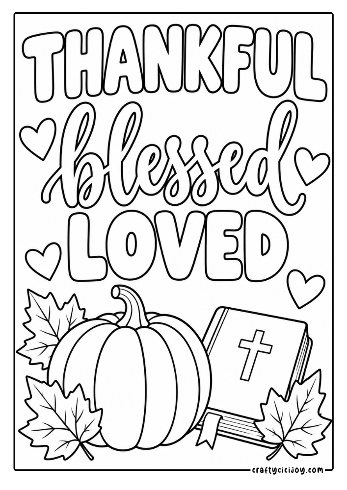 Free Christian Thanksgiving Coloring Pages (15 Printable PDFs) 4 Thankful blessed loved Christian Thanksgiving quote coloring page with a Bible, pumpkin and hearts
