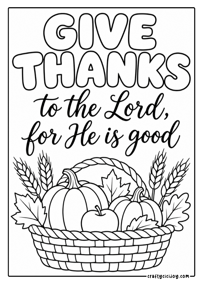 Free Christian Thanksgiving Coloring Pages (15 Printable PDFs) 3 Give thanks to the Lord Christian Thanksgiving coloring sheet with a basket of pumpkins, apples and wheat