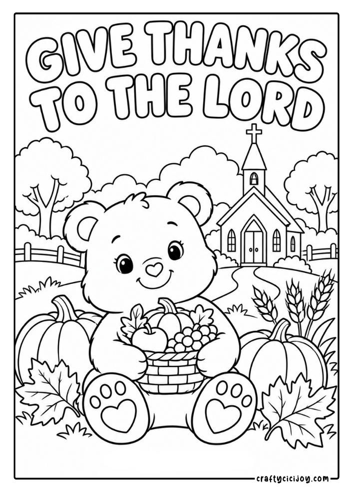 Free Christian Thanksgiving Coloring Pages (15 Printable PDFs) 6 Cute Christian Thanksgiving coloring page for kids with Maple the Bear, a church and pumpkins