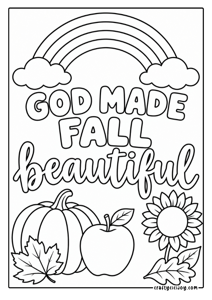 Free Christian Thanksgiving Coloring Pages (15 Printable PDFs) 8 God made fall beautiful Christian coloring page with a rainbow, pumpkin, apple and sunflower