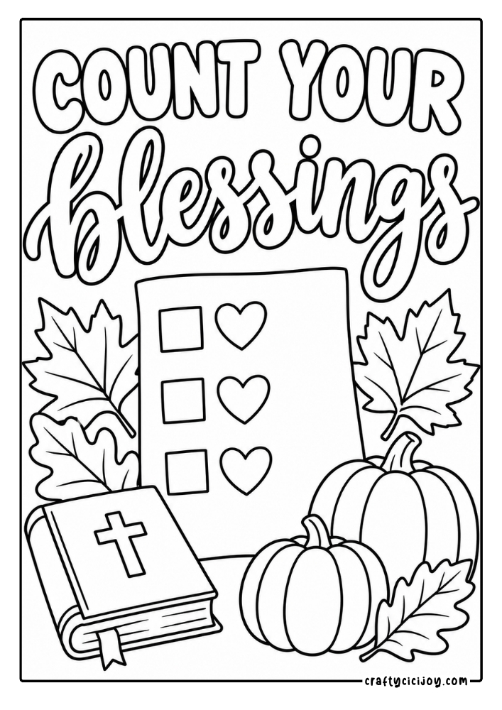 Free Christian Thanksgiving Coloring Pages (15 Printable PDFs) 9 Count your blessings printable Thanksgiving coloring page with a Bible, gratitude list and pumpkins