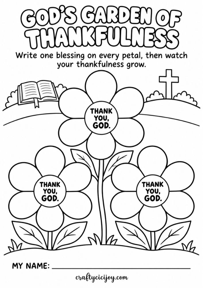 God’s Garden of Thankfulness activity sheet with blank flower petals for writing blessings