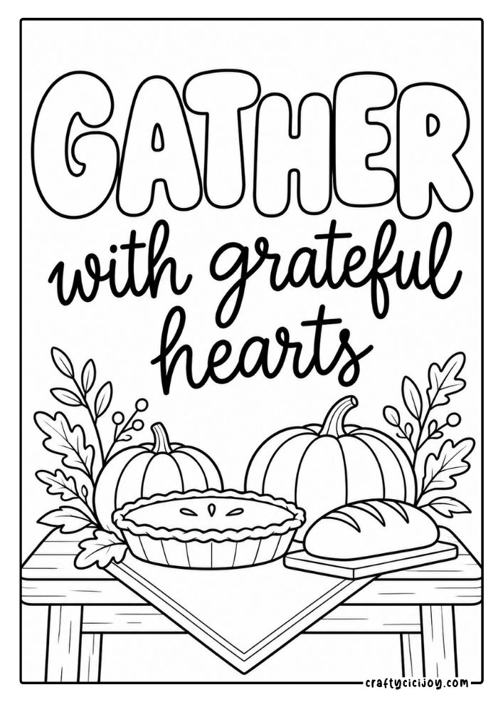Free Christian Thanksgiving Coloring Pages (15 Printable PDFs) 13 Gather with grateful hearts religious Thanksgiving coloring page with pumpkin pie, bread and pumpkins