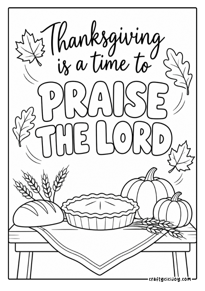 Free Christian Thanksgiving Coloring Pages (15 Printable PDFs) 14 Thanksgiving is a time to praise the Lord coloring page with pumpkin pie, bread and a fall harvest